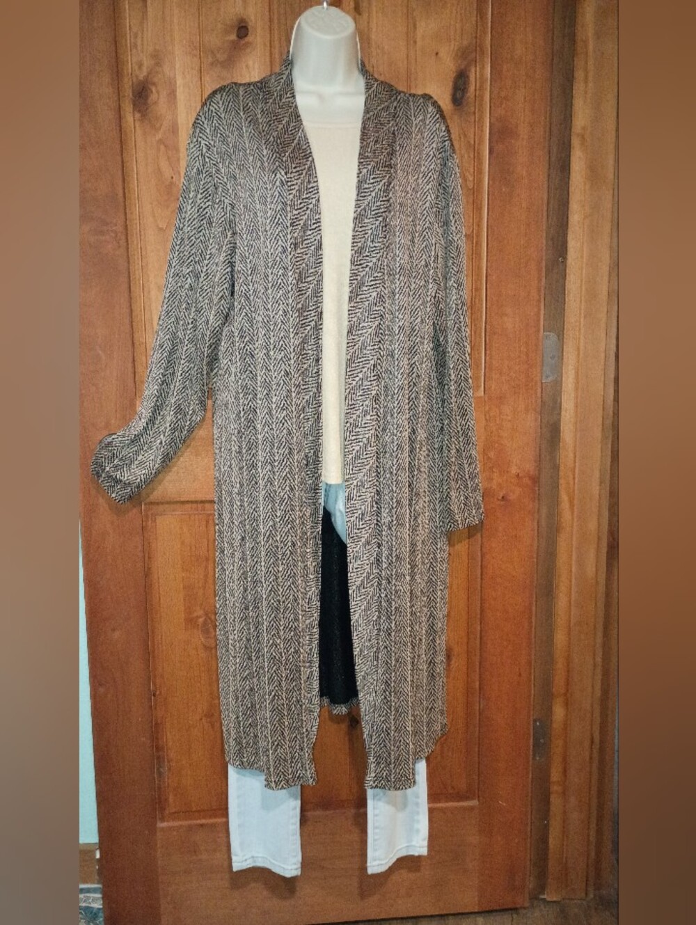 Coldwater Creek Black and Cream Herringbone Open-Front Duster Cardigan